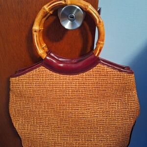 Aigner Stylish Tan Woven And Leather Bag with Bamboo Handles